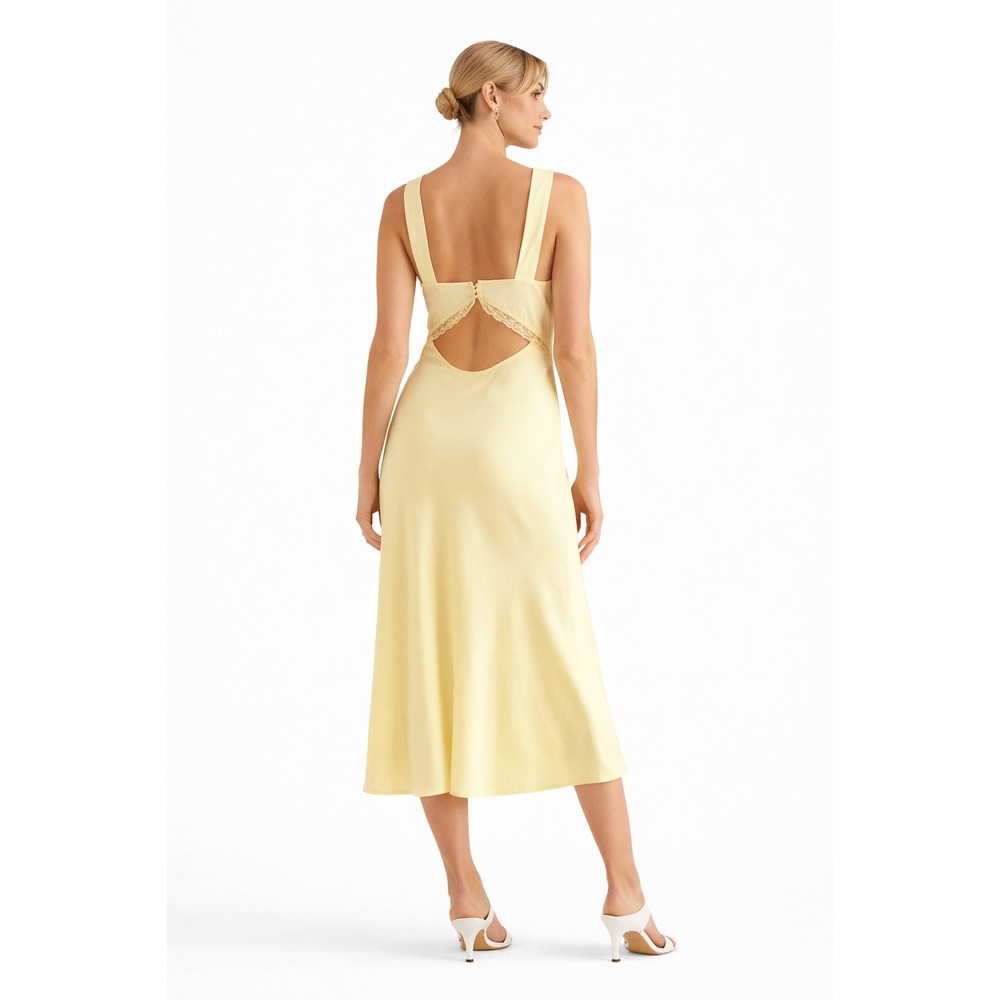 Bardot Lace Trim Midi Dress Lemon Yellow Satin Cutout Back size Large NWT - Picture 2 of 9